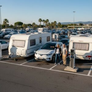 Elektrische auto met caravan bij laadstation langs Europese snelweg, waarbij bestuurder moeite heeft met parkeren en laden