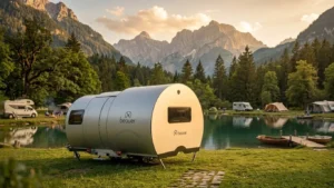 Compacte Beauer caravan op een camping aan een bergmeer bij zonsondergang