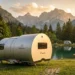 Compacte Beauer caravan op een camping aan een bergmeer bij zonsondergang