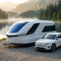 Futuristische witte caravan naast elektrische auto aan een bergmeer