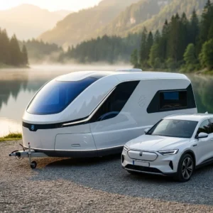 Futuristische witte caravan naast elektrische auto aan een bergmeer