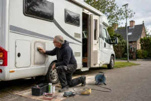 Man schuurt camper op straat in woonwijk met gereedschap en materialen rondom