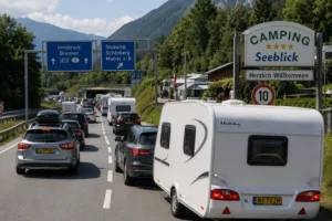 Drukke Europese snelweg met meerdere auto’s en caravans onderweg naar een camping tijdens de zomervakantie.