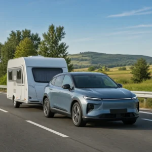 Elektrische SUV trekt een caravan op de snelweg door groen landschap
