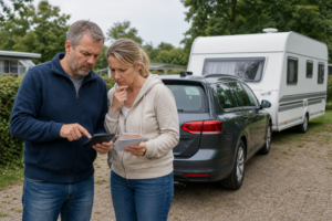 Echtpaar staat naast een auto met caravan en bekijkt de kosten in een rustige Nederlandse kampeeromgeving.