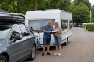 Echtpaar controleert documenten naast een aangekoppelde caravan vlak voor vertrek op vakantie.